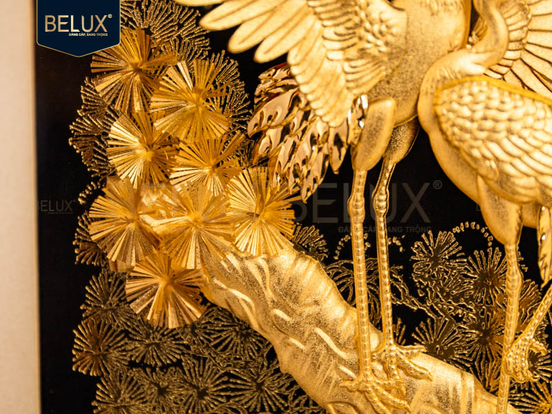 Tranh Tùng Hạc diên niên dát vàng 24k 32x25cm